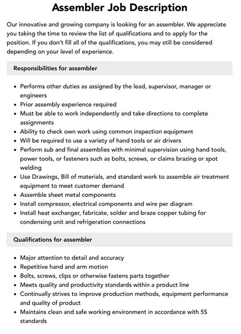 assembler job description for resume|assembler job duties and responsibilities.